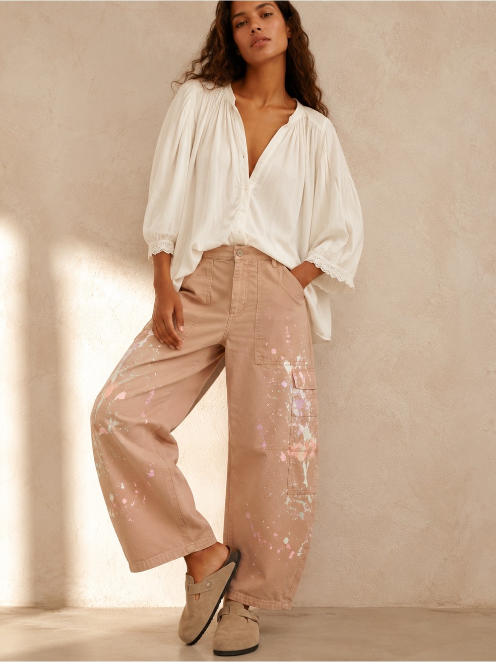 Pilcro Anthropologie Millie Barrel Utility Pants Paint Splatter Pink Size 28